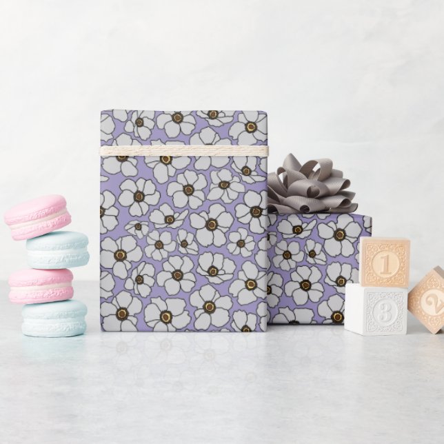 Papier Cadeau Fleurs sauvages blanches sur lavande (Baby Shower)