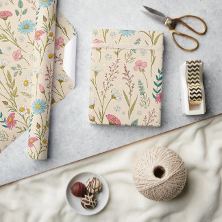 Papier Cadeau Fleurs sauvages bleues et roses, Art de prairie dé