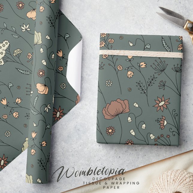 Papier Cadeau Fleurs sauvages botaniques rustiques en Sage Green (Créateur téléchargé)
