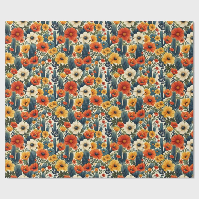 Papier Cadeau Fleurs sauvages de cactus Florales de crème rouge  (Plat)