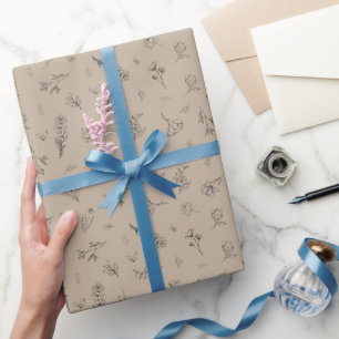 Papier Cadeau Fleurs sauvages esquissées sur fond brun clair