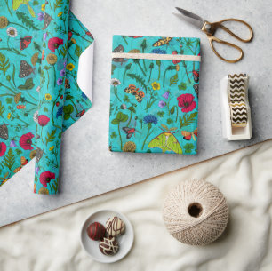 Papier Cadeau Fleurs sauvages et papillons de nuit sur turquoise