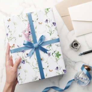 Papier Cadeau Fleurs sauvages et papillons en blanc
