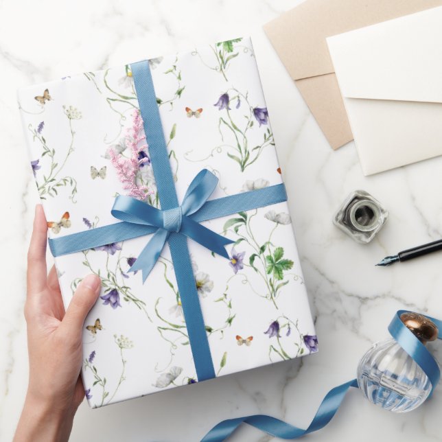 Papier Cadeau Fleurs sauvages et papillons en blanc (Cadeaux)