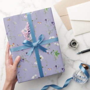 Papier Cadeau Fleurs sauvages et papillons sur violet