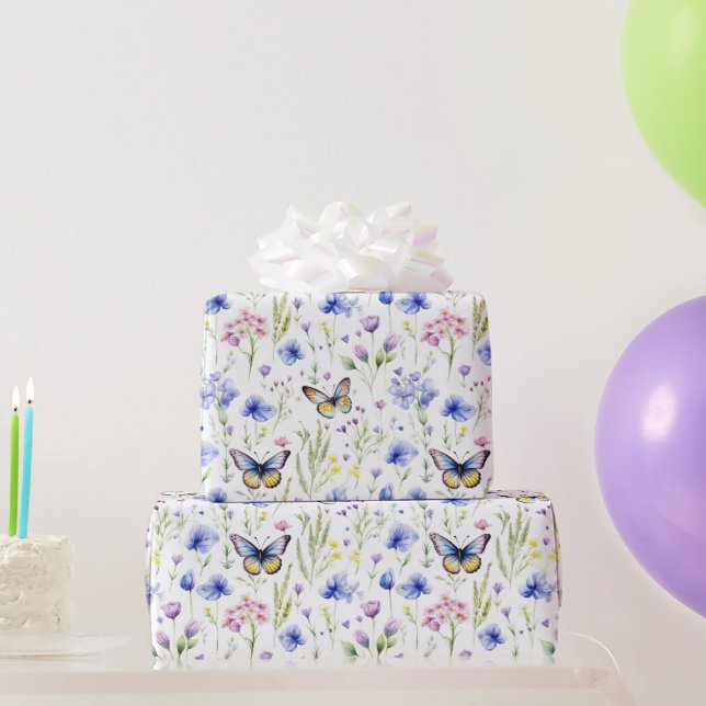Papier Cadeau Fleurs sauvages Papillons Bleu Jaune Baby Shower (Cadeaux de fête)