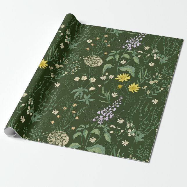 Papier Cadeau Fleurs sauvages pastel mixtes sur vert (Déroulé)
