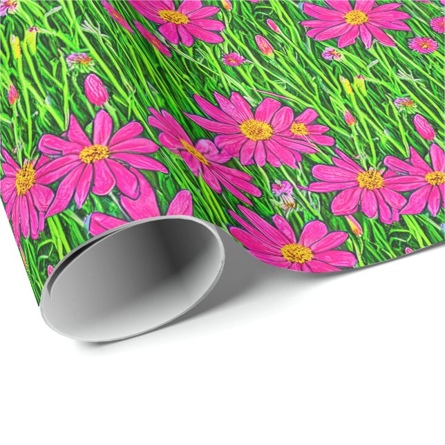 Papier Cadeau Fleurs sauvages rose fuchsia dans un champ    (Coin rond)