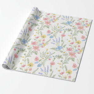 Papier Cadeau Fleurs sauvages rose jaune bleu Style aquarelle