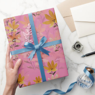 Papier Cadeau Fleurs sauvages rose moutarde bohème pastel