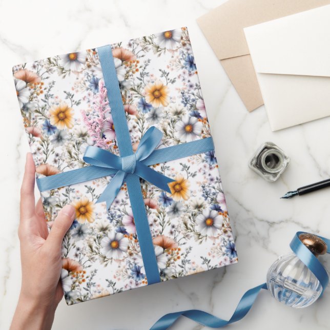 Papier Cadeau Fleurs sauvages sur fond blanc  (Cadeaux)