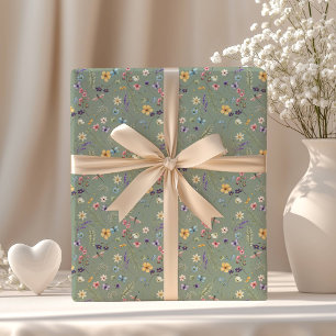 Papier Cadeau Fleurs sauvages vert sauge Boho Rustique Jardin de