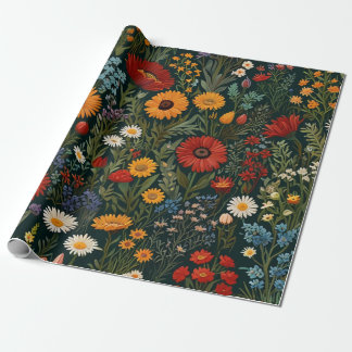Papier Cadeau Fleurs sauvages vintages Rouge Orange Bleu Van Gog