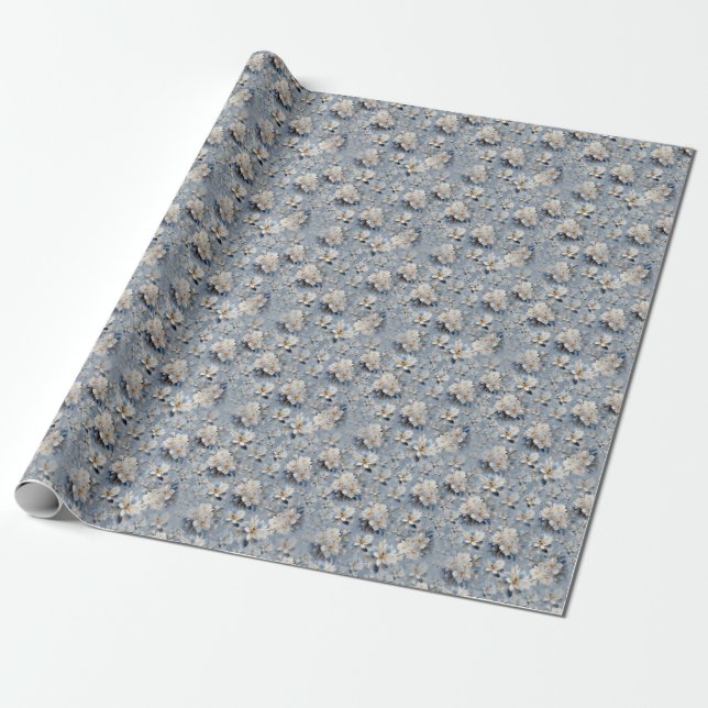 Papier Cadeau Fleurs soyeuses blanches et bleu clair se répètent (Déroulé)
