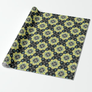 Papier Cadeau Fleurs stylisées Motif géométrique jaune et noir