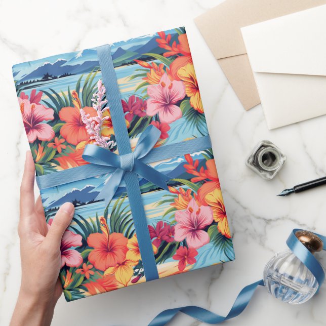 Papier Cadeau Fleurs tropicales colorées et paysage (Cadeaux)