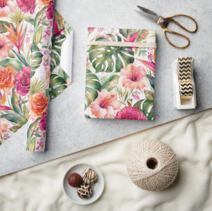 Papier Cadeau Fleurs tropicales colorées   Hibiscus et feuillage