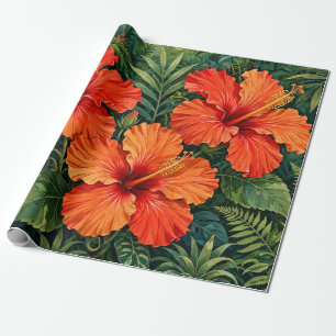 Papier Cadeau Fleurs tropicales de jungle d'hibiscus orange luxu