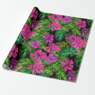 Papier Cadeau Fleurs tropicales et plantes en noir