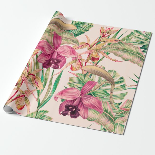 Papier Cadeau Fleurs tropicales, fleur d'orchidées, feuilles de  (Déroulé)