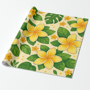 Papier Cadeau Fleurs tropicales jaunes avec des feuilles vertes