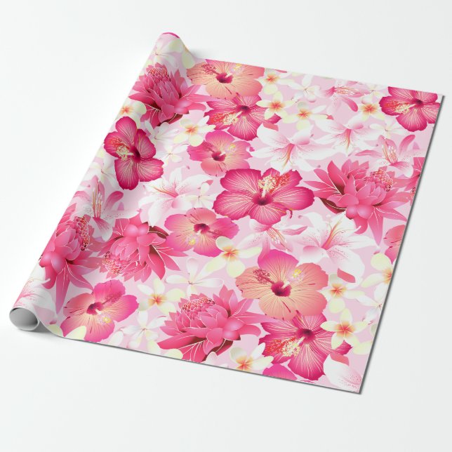Papier Cadeau Fleurs tropicales rose et blanche (Déroulé)
