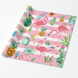 Papier Cadeau Fleurs tropicales roses et blanches Plantes et ois