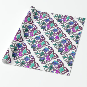 Papier Cadeau FLEURS turquoises DE BROIDISSERIE VERTE PURPLE