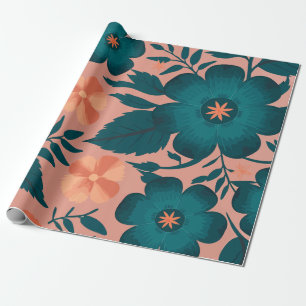 Papier Cadeau Fleurs turquoises et de Pêche sur un Arrière - pla