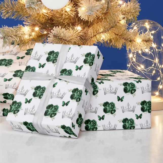 Papier Cadeau Fleurs vert foncé et couronnes argentées (Vacances)