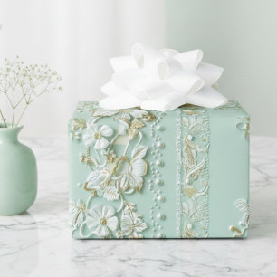 Papier Cadeau Fleurs Vert Vintage