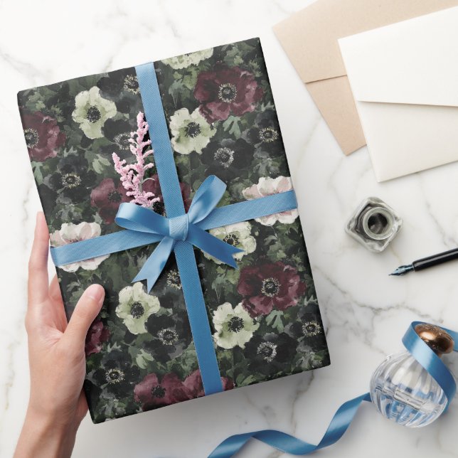 Papier Cadeau Fleurs Vertes Blanches Bourgogne Anniversaire (Cadeaux)