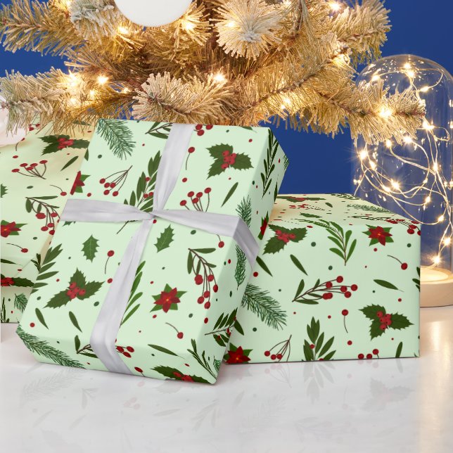 Papier Cadeau Fleurs vertes de Noël Berries Vert Noël (Vacances)