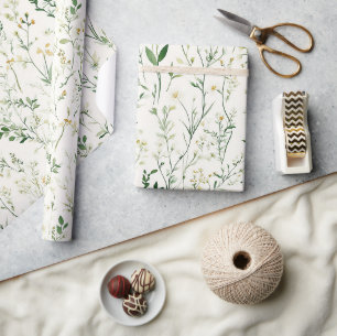 Papier Cadeau Fleurs Vertes Feuilles Fête d'Anniversaire Fleurs