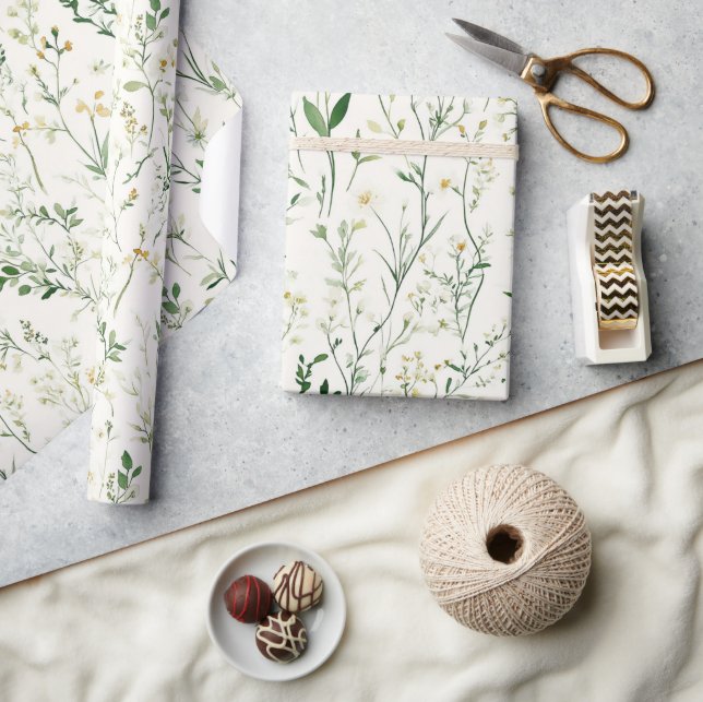 Papier Cadeau Fleurs Vertes Feuilles Fête d'Anniversaire Fleurs  (Artisanat)