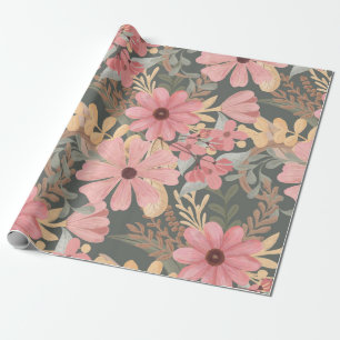Papier Cadeau Fleurs vertes rose Sage Laisser Motif Aquarelle