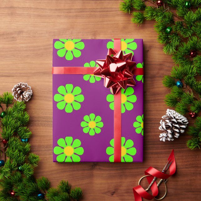Papier Cadeau Fleurs vertes super sur Arrière - plan pourpre (Cadeau de vacances)