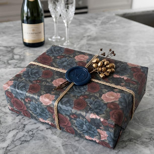 Papier Cadeau Fleurs victoriennes de minuit Roses bordeaux et
