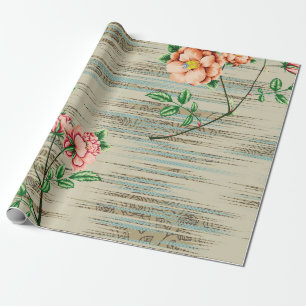 Papier Cadeau Fleurs vintages orange et rose avec feuilles verts