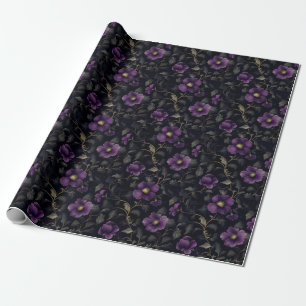 Papier Cadeau Fleurs Violet Foncé sur Fond Noir