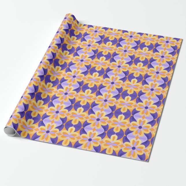 Papier Cadeau Fleurs Violet Orange Jaune (Déroulé)