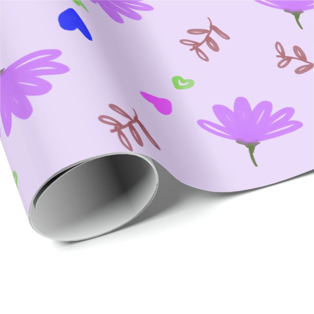 Papier Cadeau Fleurs violettes Coeurs bleus (Coin rond)