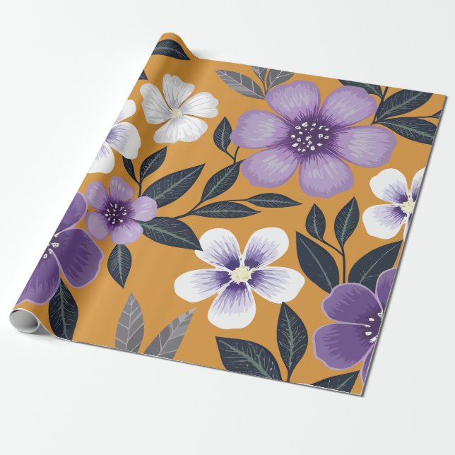 Papier Cadeau Fleurs violettes et blanches sur un Arrière - plan (Déroulé)