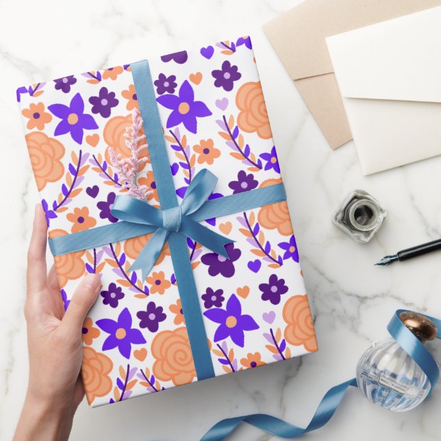 Papier Cadeau Fleurs violettes Et Oranges (Cadeaux)