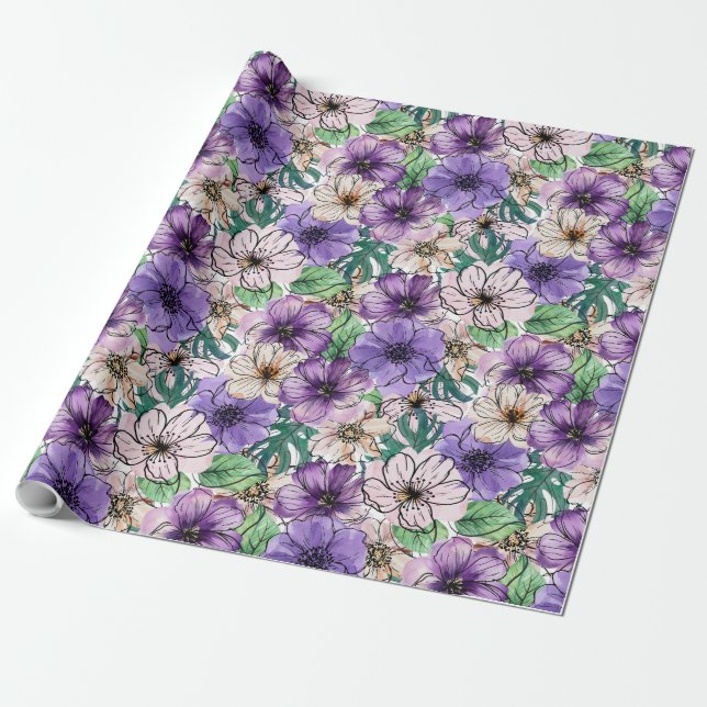 Papier Cadeau Fleurs violettes et roses   (Déroulé)