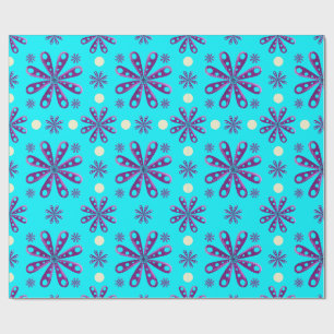 Papier Cadeau Fleurs Violettes Rétro sur Fond Bleu