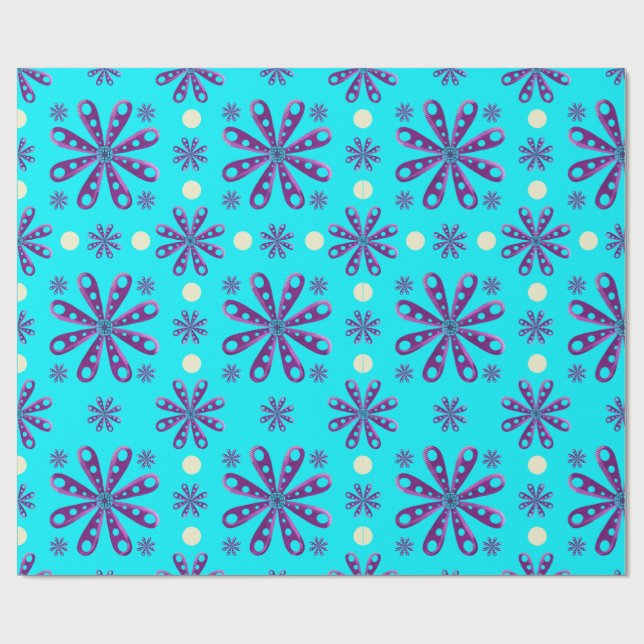 Papier Cadeau Fleurs Violettes Rétro sur Fond Bleu (Plat)