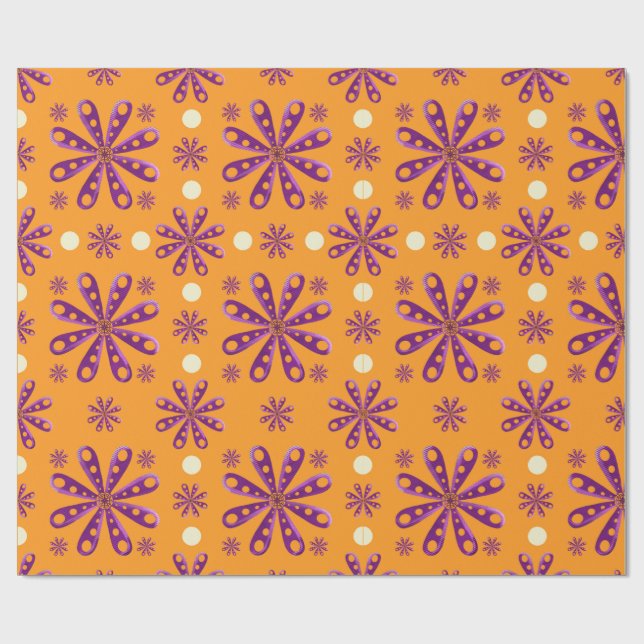 Papier Cadeau Fleurs violettes rétro sur fond orange (Plat)