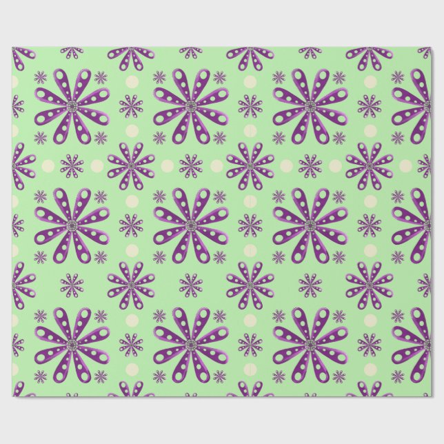 Papier Cadeau Fleurs violettes rétro sur fond vert (Plat)