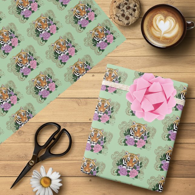 Papier Cadeau Fleurs violettes roses au henné de tigre (Créateur téléchargé)